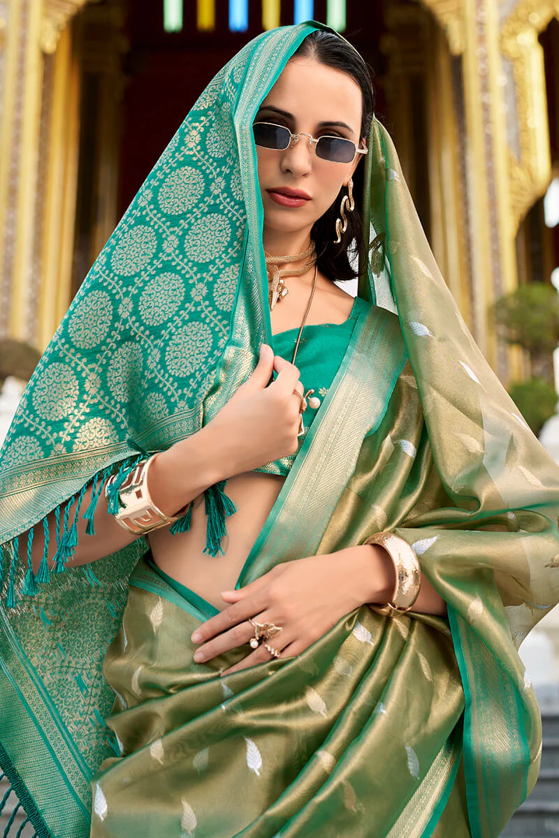Unequalled Mehndi Soft Banarasi Silk Saree With Serendipity Blouse Piece - Image 2