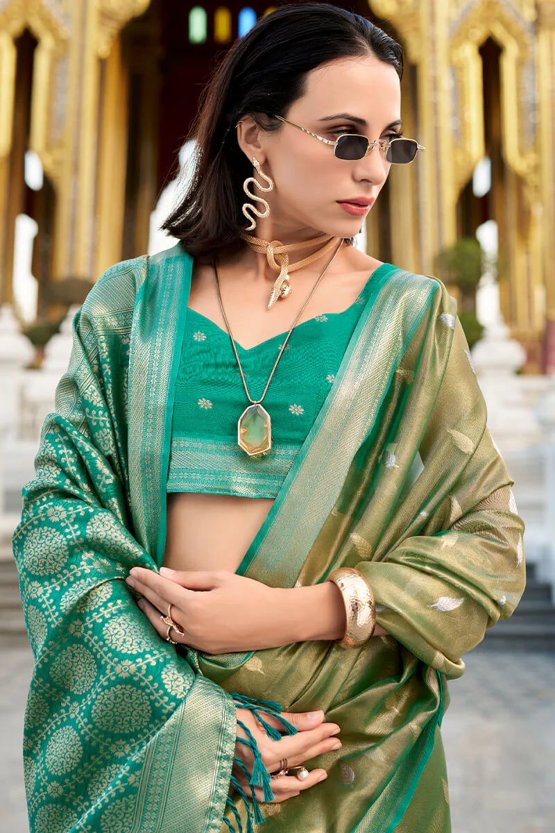 Unequalled Mehndi Soft Banarasi Silk Saree With Serendipity Blouse Piece - Image 4