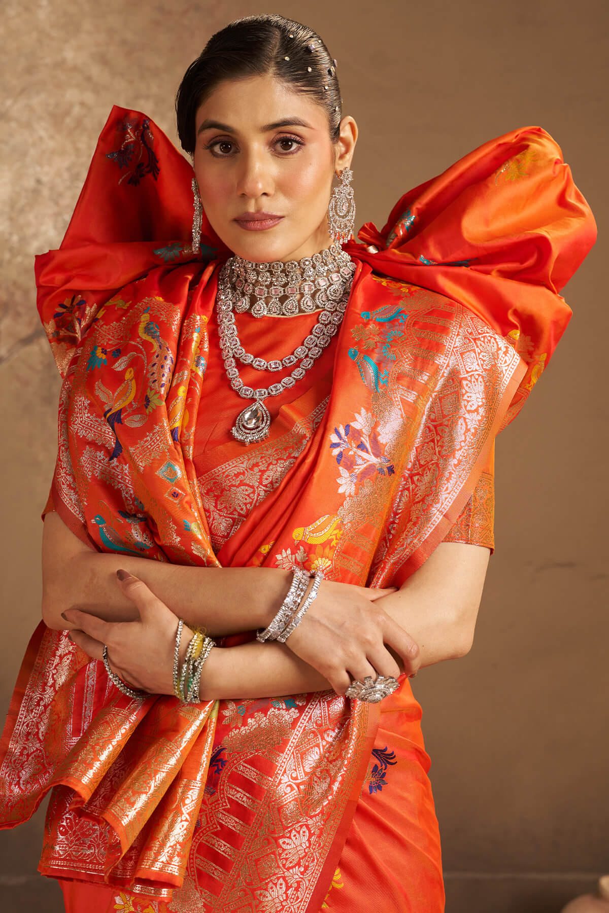 Unequalled Orange Pure Zari Weaving Banarasi Silk Saree With Sonorous Blouse Piece - Image 4