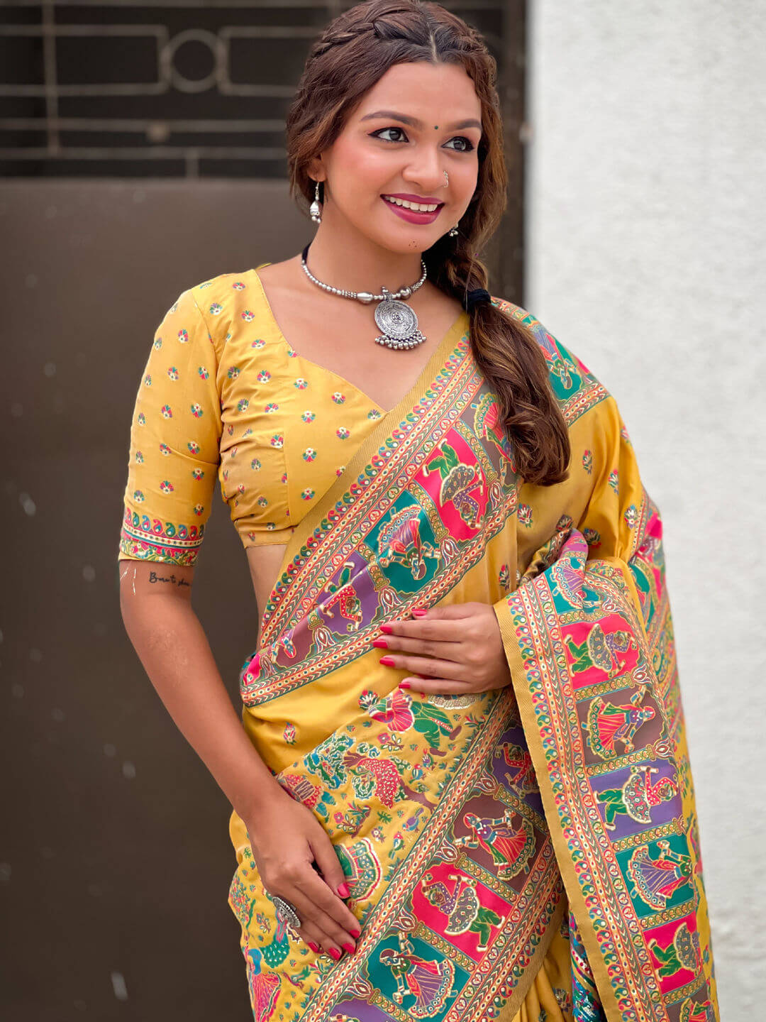 Unequalled Yellow Nylon Dola Pashmina Saree With Designer Blouse Piece - Image 2