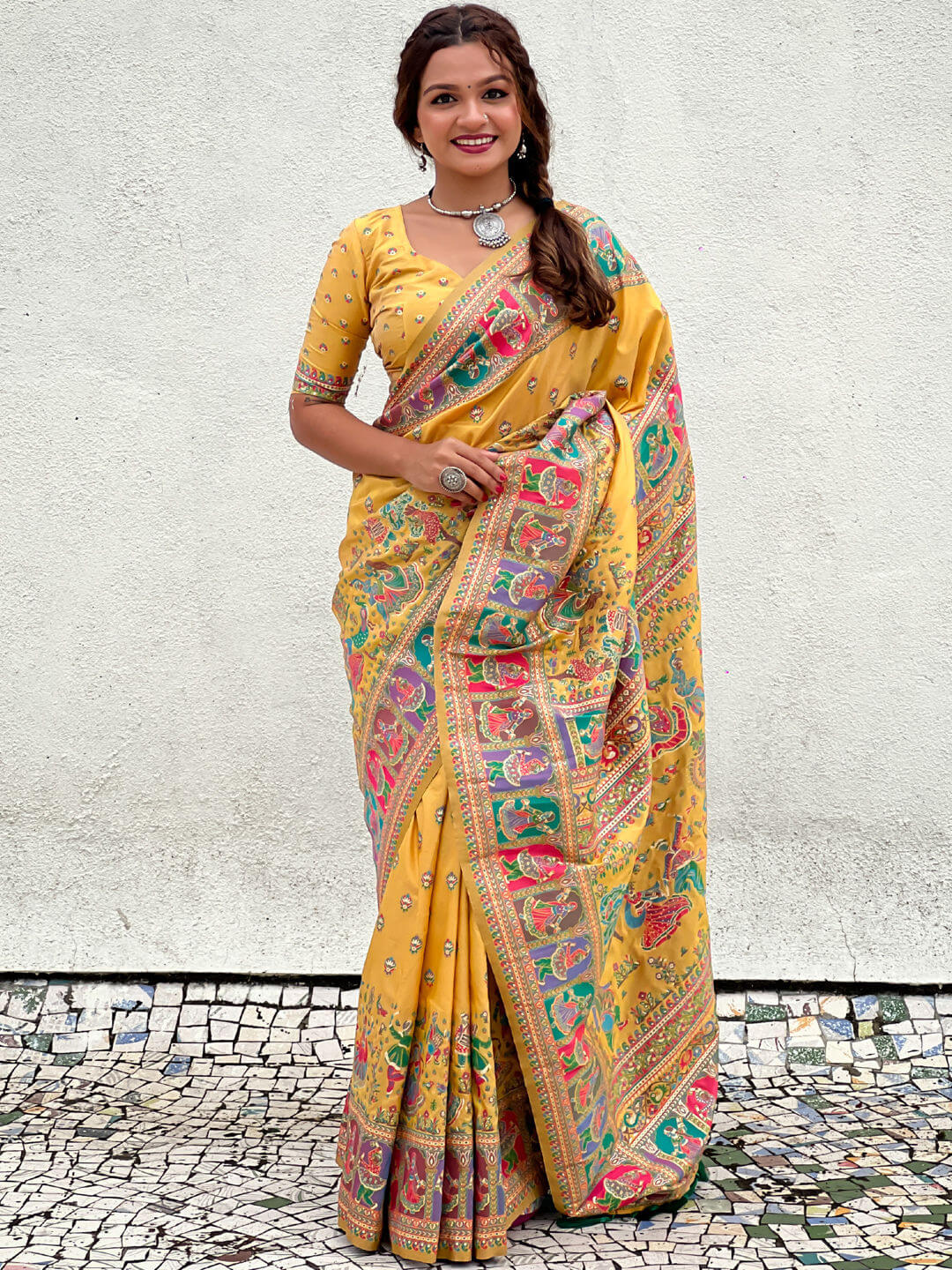 Unequalled Yellow Nylon Dola Pashmina Saree With Designer Blouse Piece - Image 3