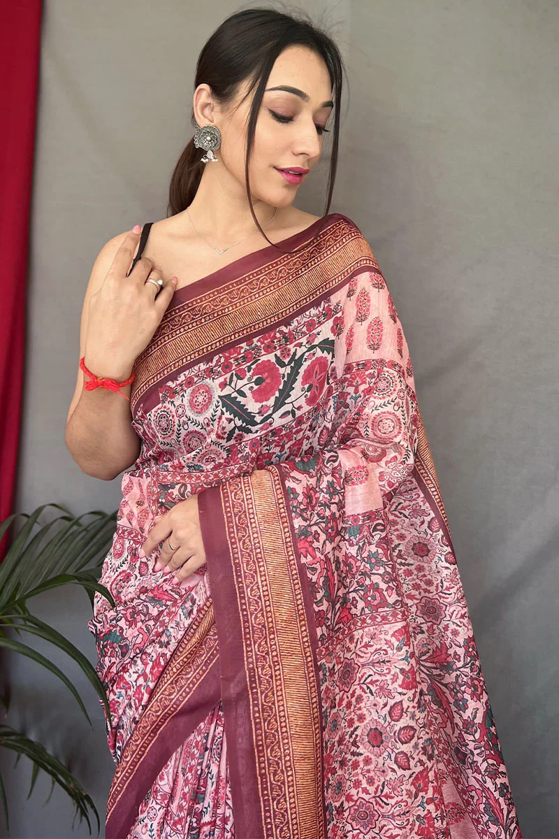 Unique Baby Pink Digital Printed Cotton Silk Saree With Charming Blouse Piece - Image 2