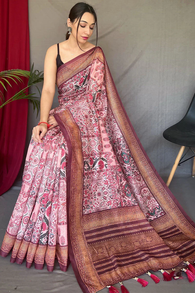 Unique Baby Pink Digital Printed Cotton Silk Saree With Charming Blouse Piece - Image 3