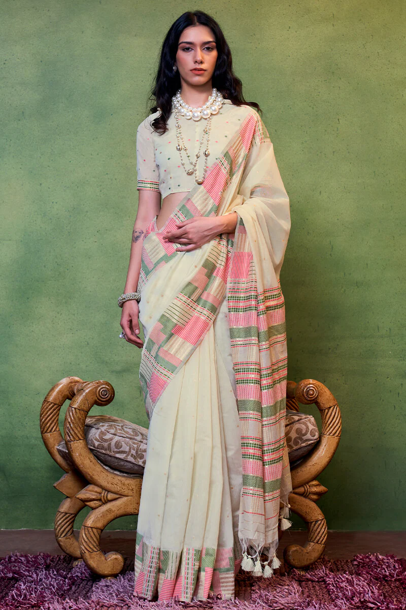 Unique Beige Cotton Silk Saree With Intricate Blouse Piece - Image 2