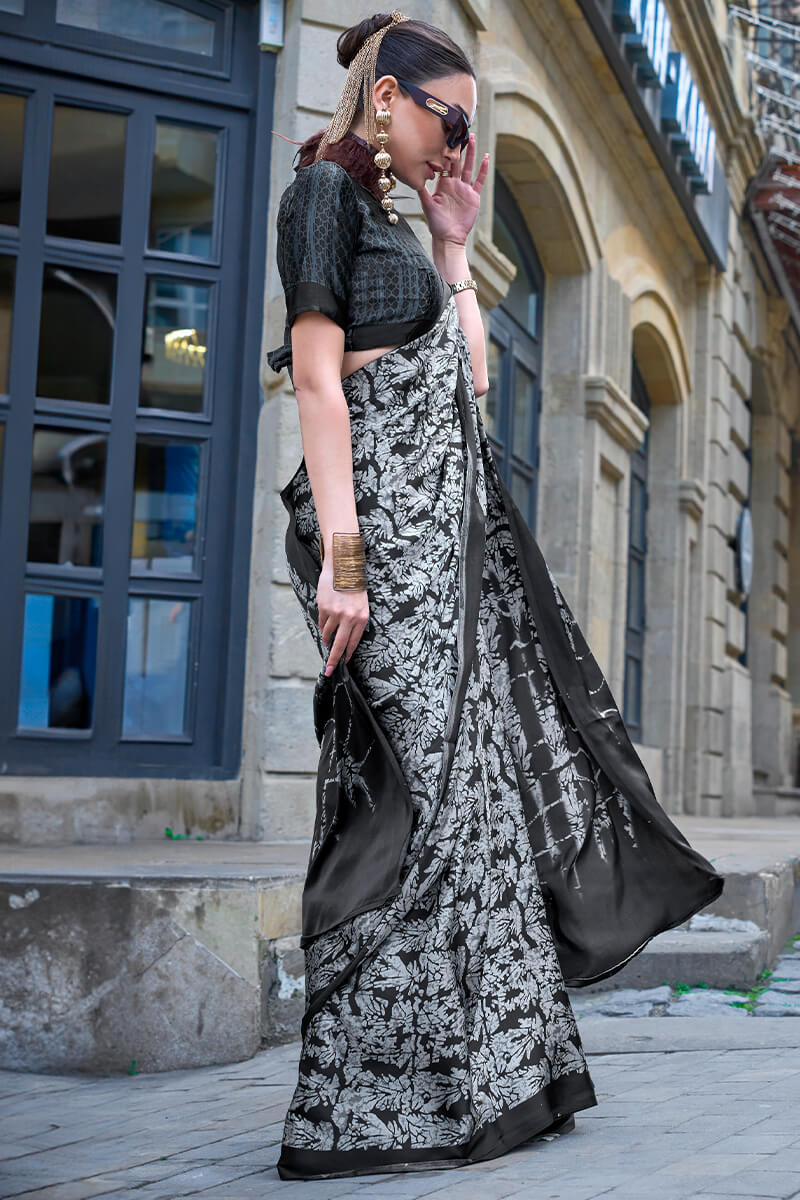 Unique Black and White Digital Printed Satin Silk Saree With Beautiful Blouse Piece - Image 2
