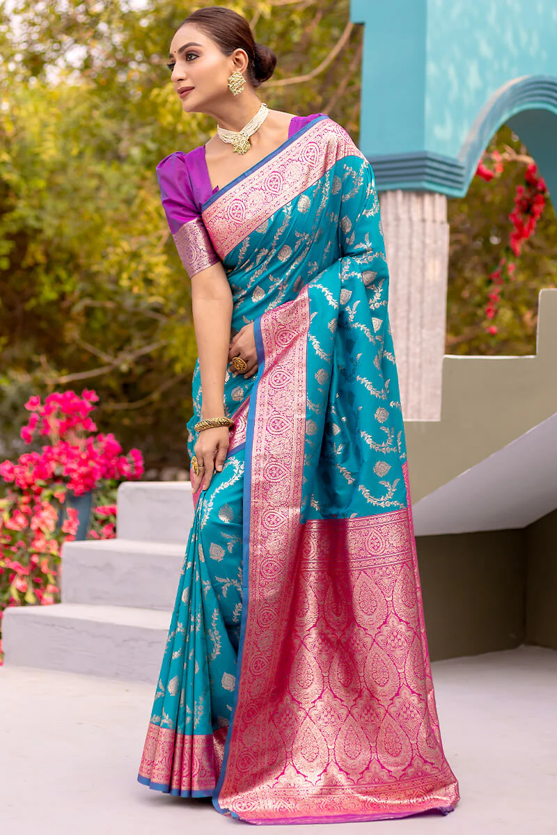 Unique Firozi Soft Banarasi Silk Saree With Energetic Blouse Piece - Image 3
