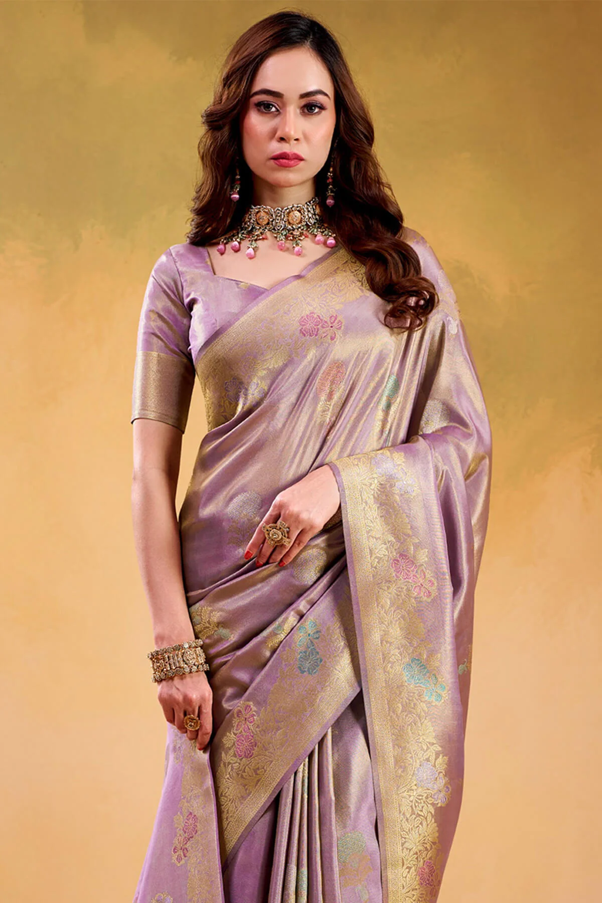 Unique Lavender Banarasi Tissue Silk Saree With Ideal Blouse Piece - Image 2