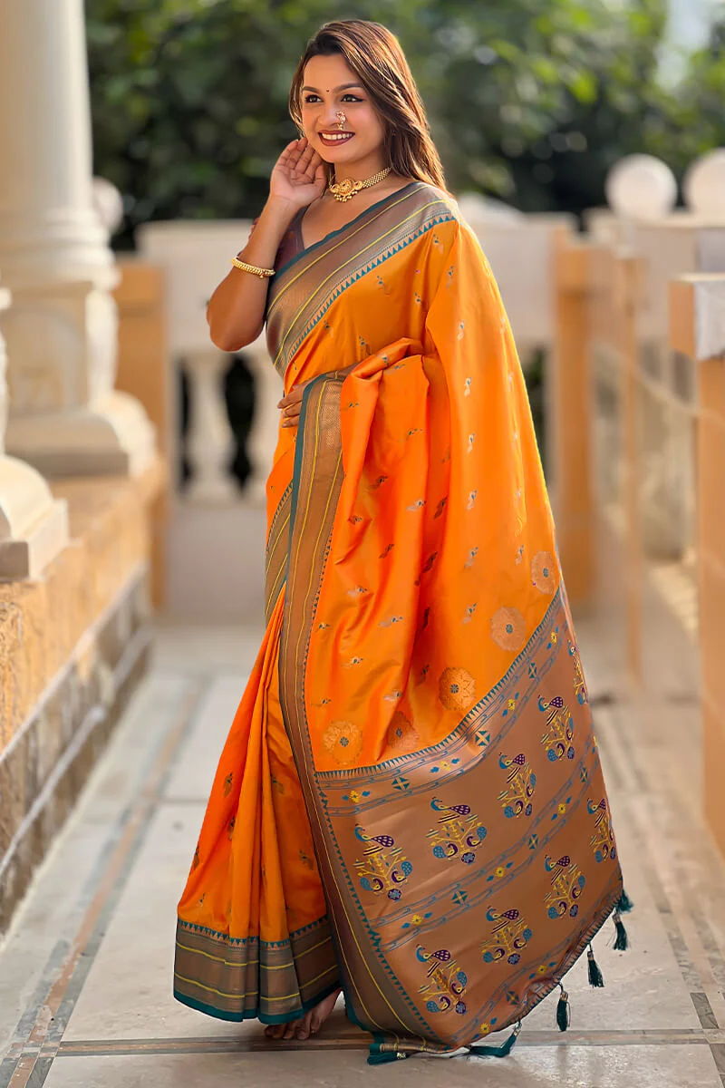 Unique Mustard Paithani Silk Saree With Girlish Blouse Piece - Image 3