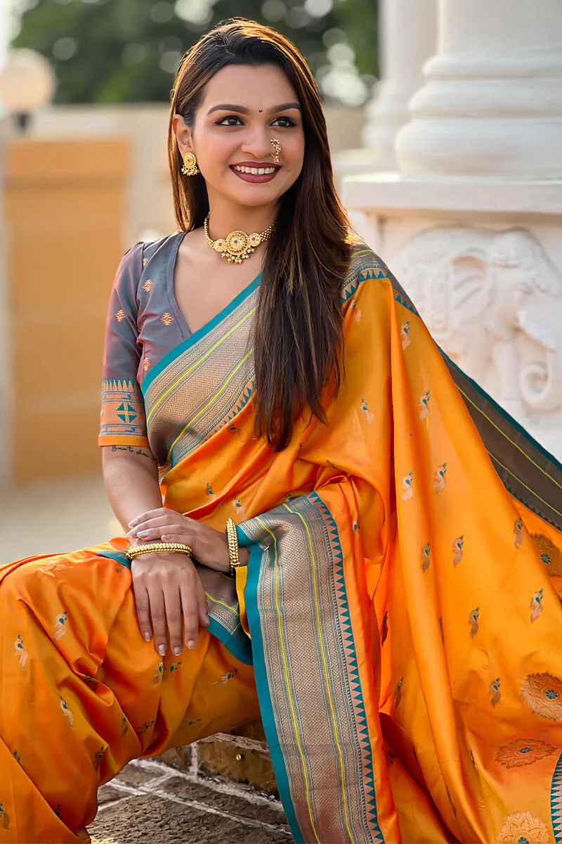 Unique Mustard Paithani Silk Saree With Girlish Blouse Piece - Image 4