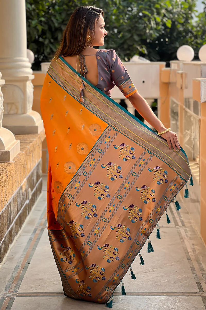 Unique Mustard Paithani Silk Saree With Girlish Blouse Piece - Image 6