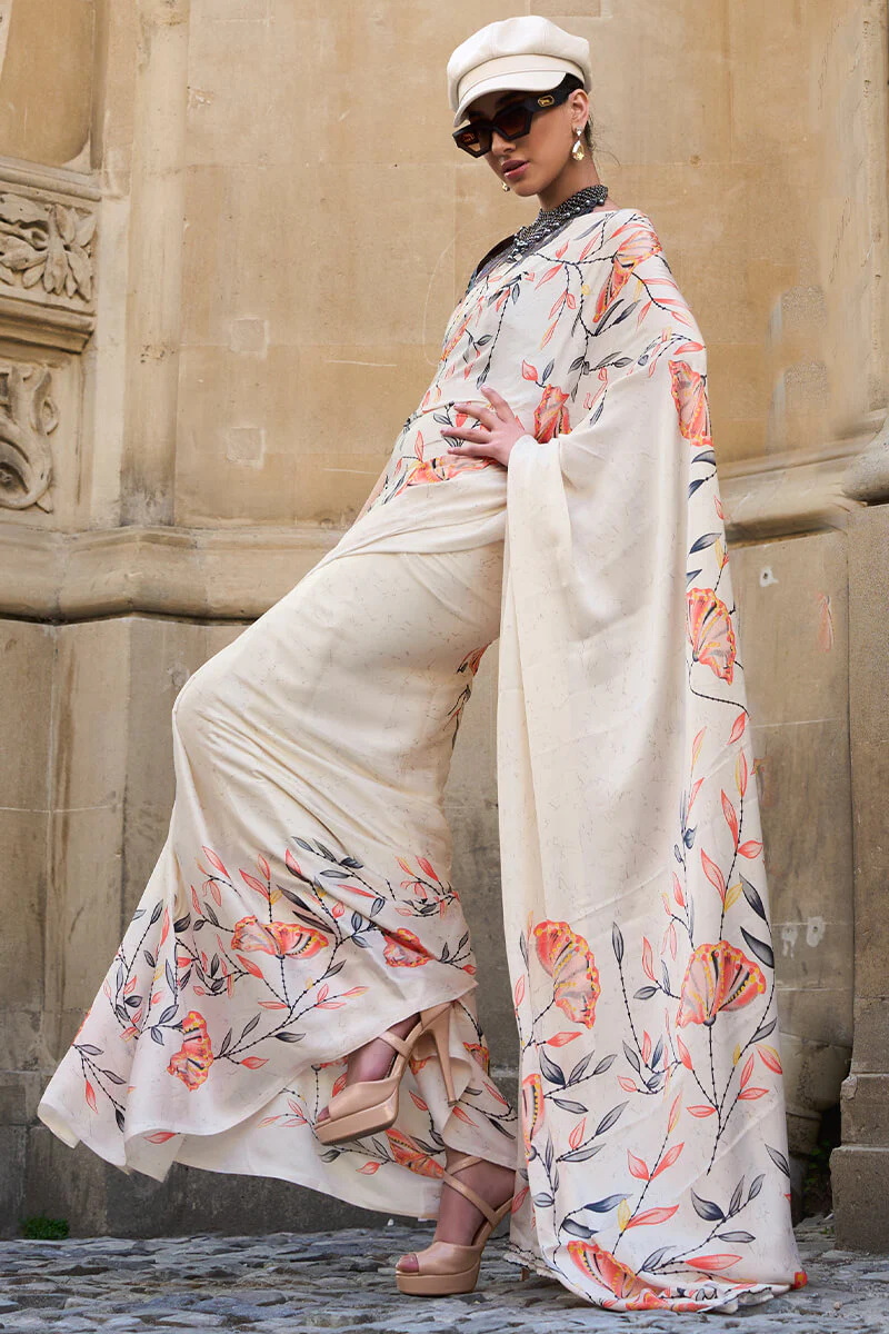 Unique Off White Digital Printed Satin Silk Saree With Charming Blouse Piece - Image 2