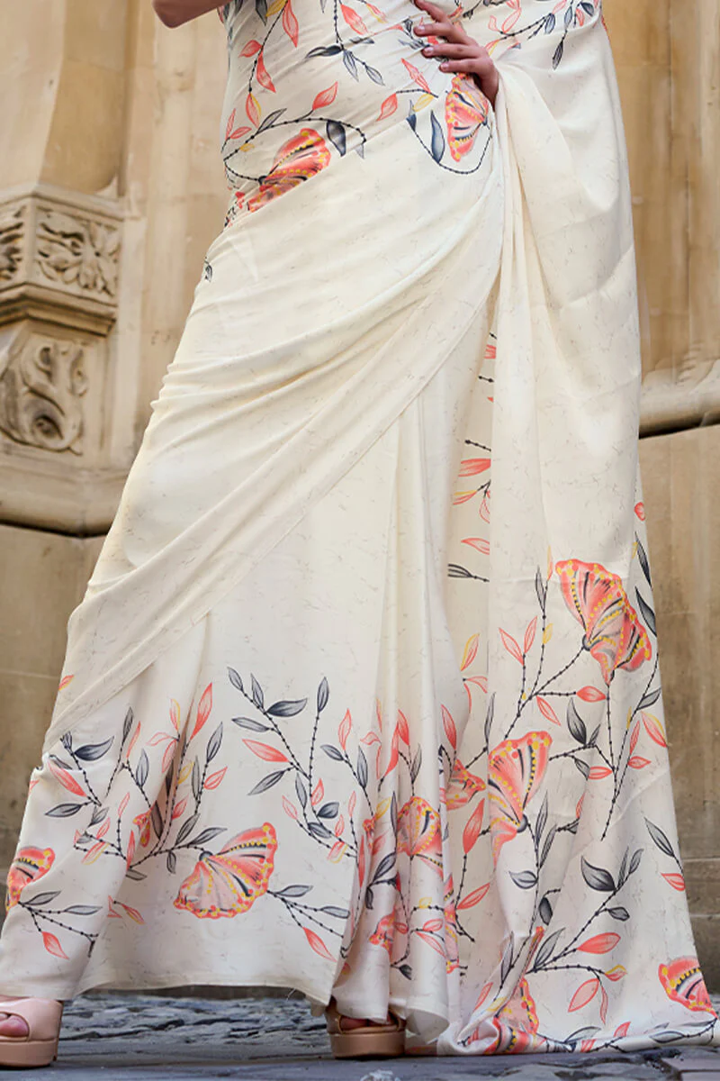 Unique Off White Digital Printed Satin Silk Saree With Charming Blouse Piece - Image 3