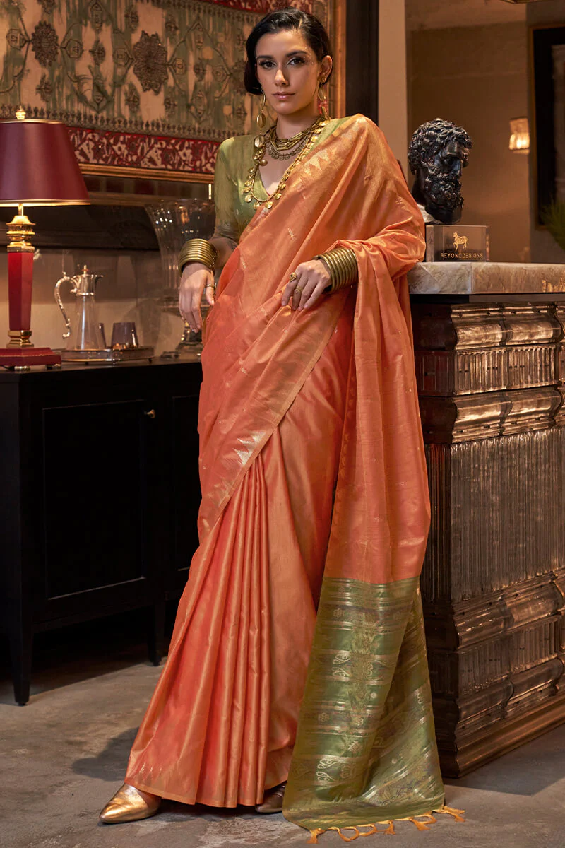 Unique Orange Soft Banarasi Silk Saree With Intricate Blouse Piece