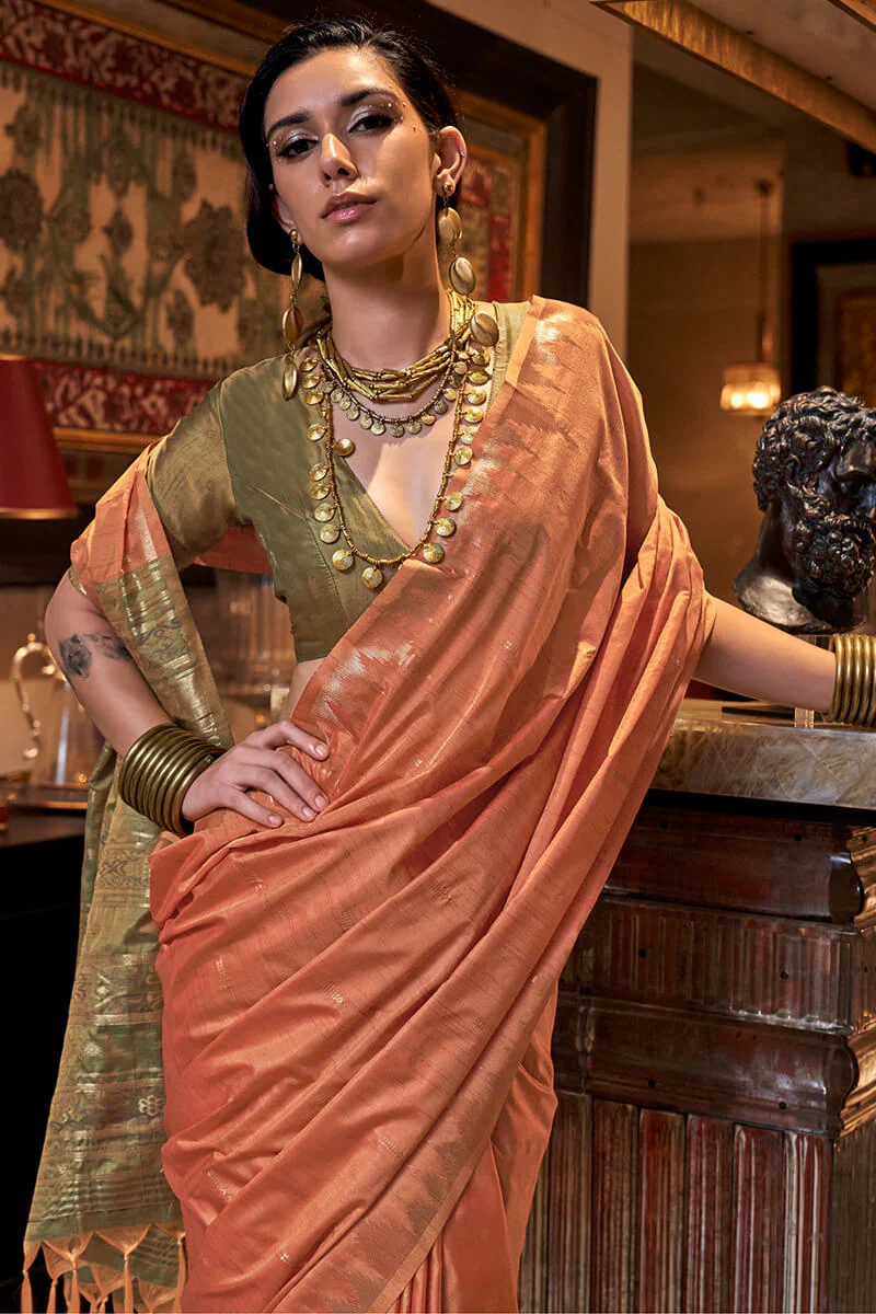 Unique Orange Soft Banarasi Silk Saree With Intricate Blouse Piece - Image 2