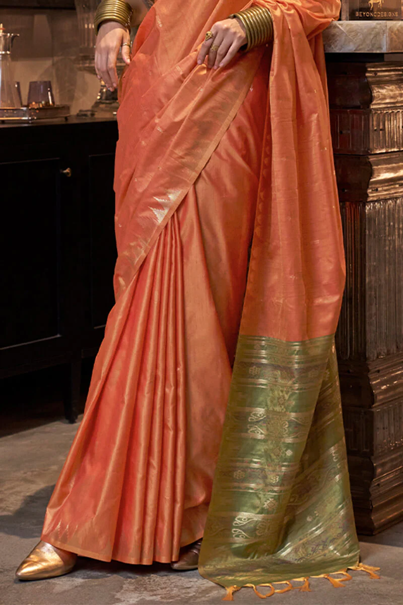 Unique Orange Soft Banarasi Silk Saree With Intricate Blouse Piece - Image 3