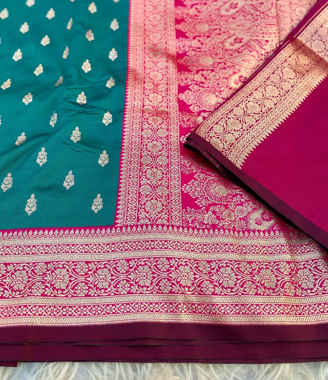 Unique Rama Soft Banarasi Satin Silk Saree With Gratifying Blouse - Image 3
