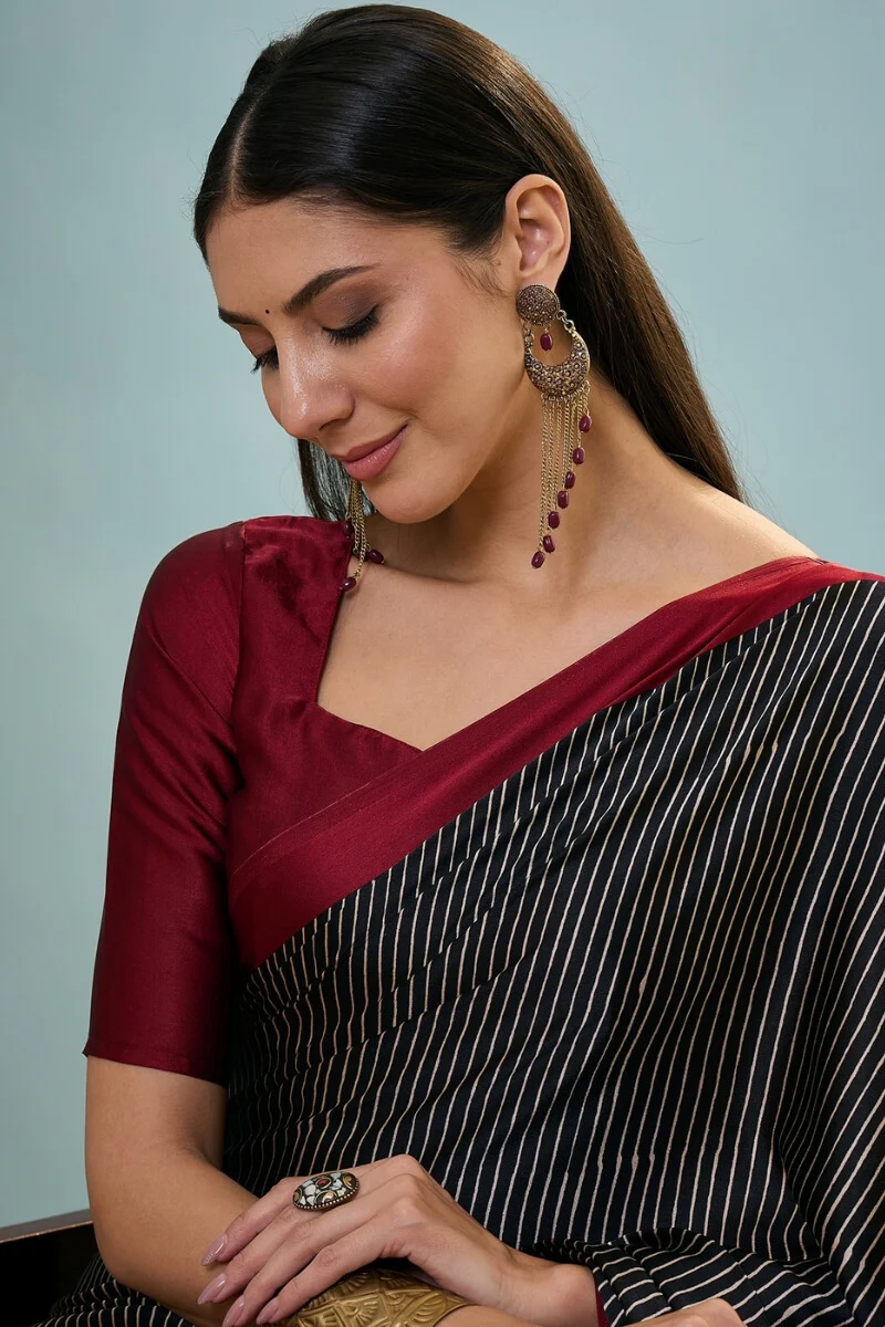 Verdant Black Ajrakh Printed Semi Modal Silk Saree With Vivacious Blouse Piece - Image 2