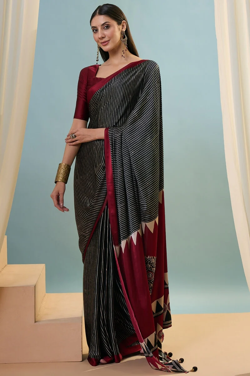 Verdant Black Ajrakh Printed Semi Modal Silk Saree With Vivacious Blouse Piece - Image 3