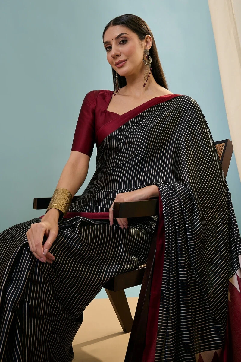Verdant Black Ajrakh Printed Semi Modal Silk Saree With Vivacious Blouse Piece - Image 4