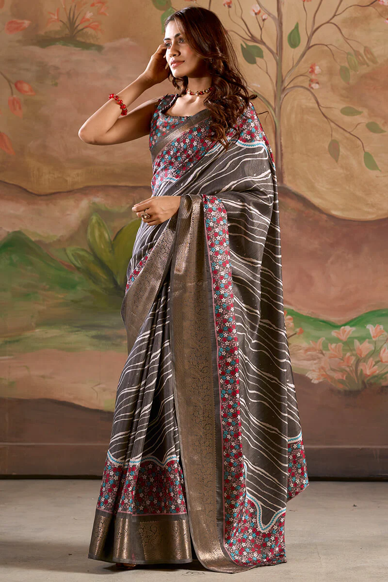 Verdant Dark Grey Digital Printed Dola Silk Saree With Mellifluous Blouse Piece - Image 3