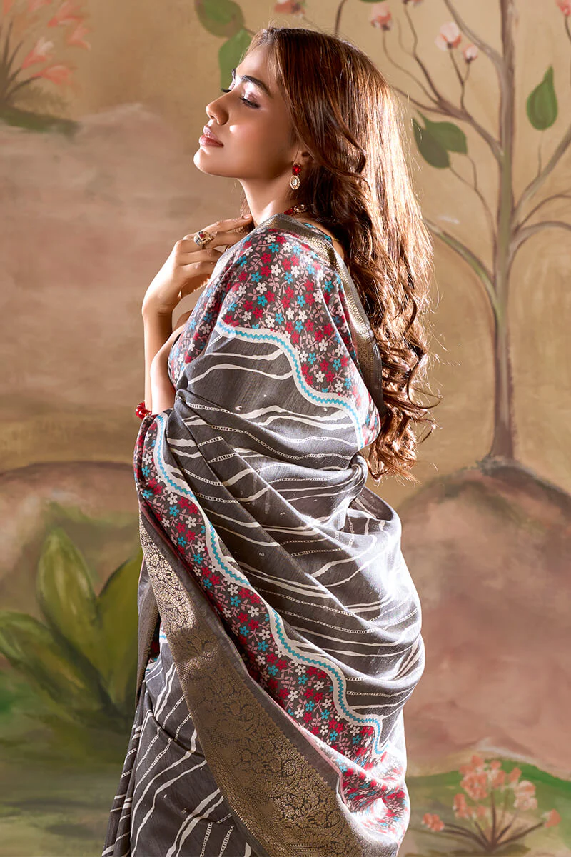 Verdant Dark Grey Digital Printed Dola Silk Saree With Mellifluous Blouse Piece - Image 4