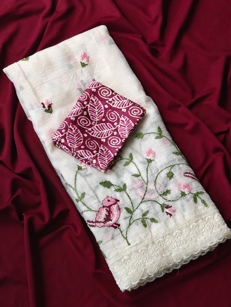 Verdant Off White Embroidery Work Crush Chiffon Silk Saree With Desiring Blouse Piece - Image 2