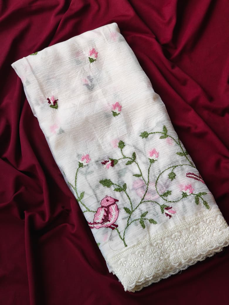 Verdant Off White Embroidery Work Crush Chiffon Silk Saree With Desiring Blouse Piece - Image 3