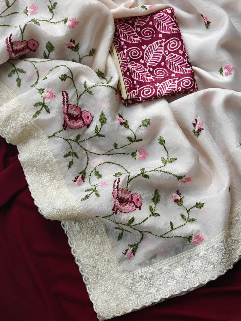 Verdant Off White Embroidery Work Crush Chiffon Silk Saree With Desiring Blouse Piece - Image 4