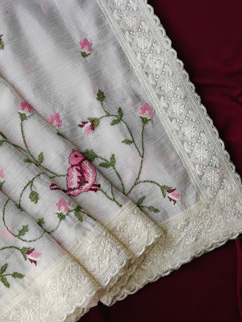 Verdant Off White Embroidery Work Crush Chiffon Silk Saree With Desiring Blouse Piece - Image 5