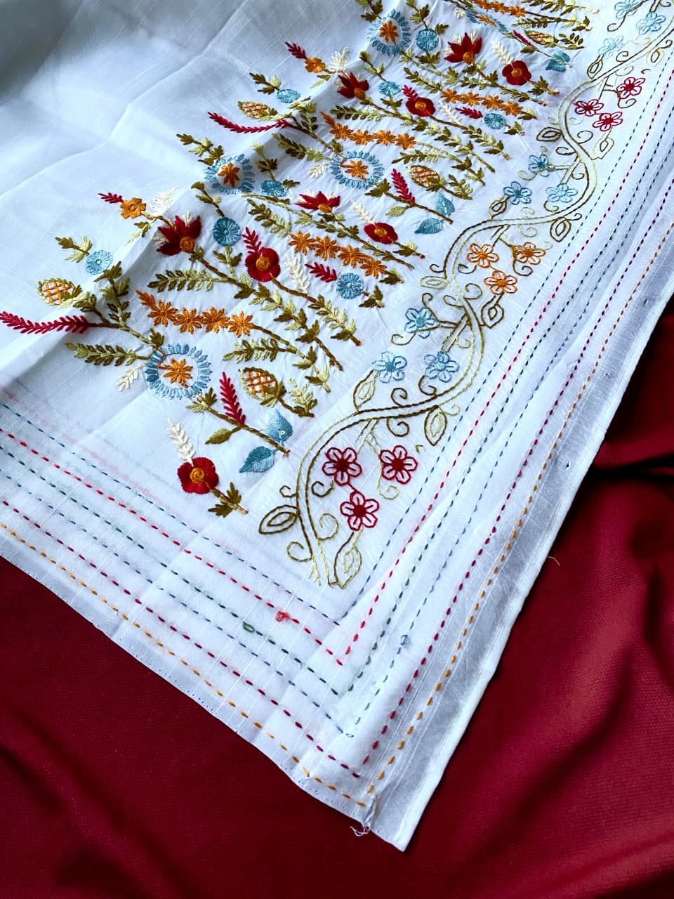 Verdant White Embroidery Work Tussar Silk Saree With Stunner Blouse Piece - Image 5