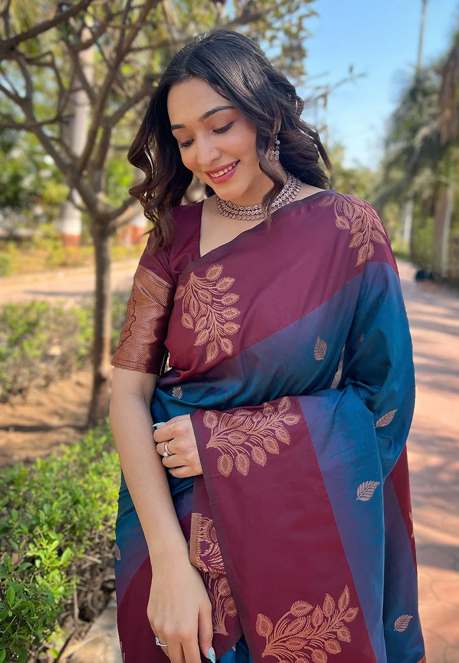 Vestigial Blue Soft Silk Saree With Demure Blouse Piece - Image 2