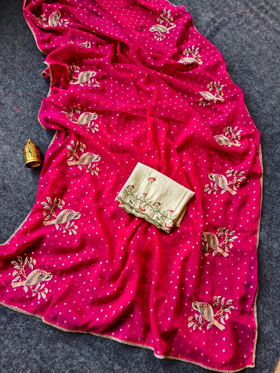 Vestigial Dark Pink Embroidery Work Chiffon Silk Saree With Devastating Blouse Piece - Image 2