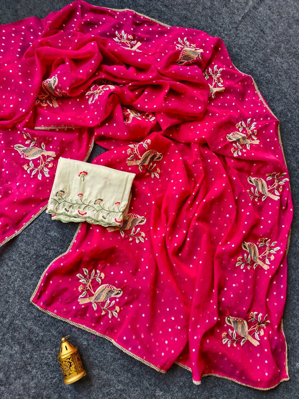 Vestigial Dark Pink Embroidery Work Chiffon Silk Saree With Devastating Blouse Piece - Image 4