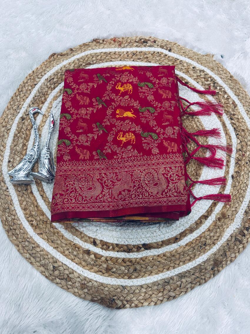 Vestigial Dark Pink Soft Banarasi Silk Saree With Enthralling Blouse Piece - Image 4