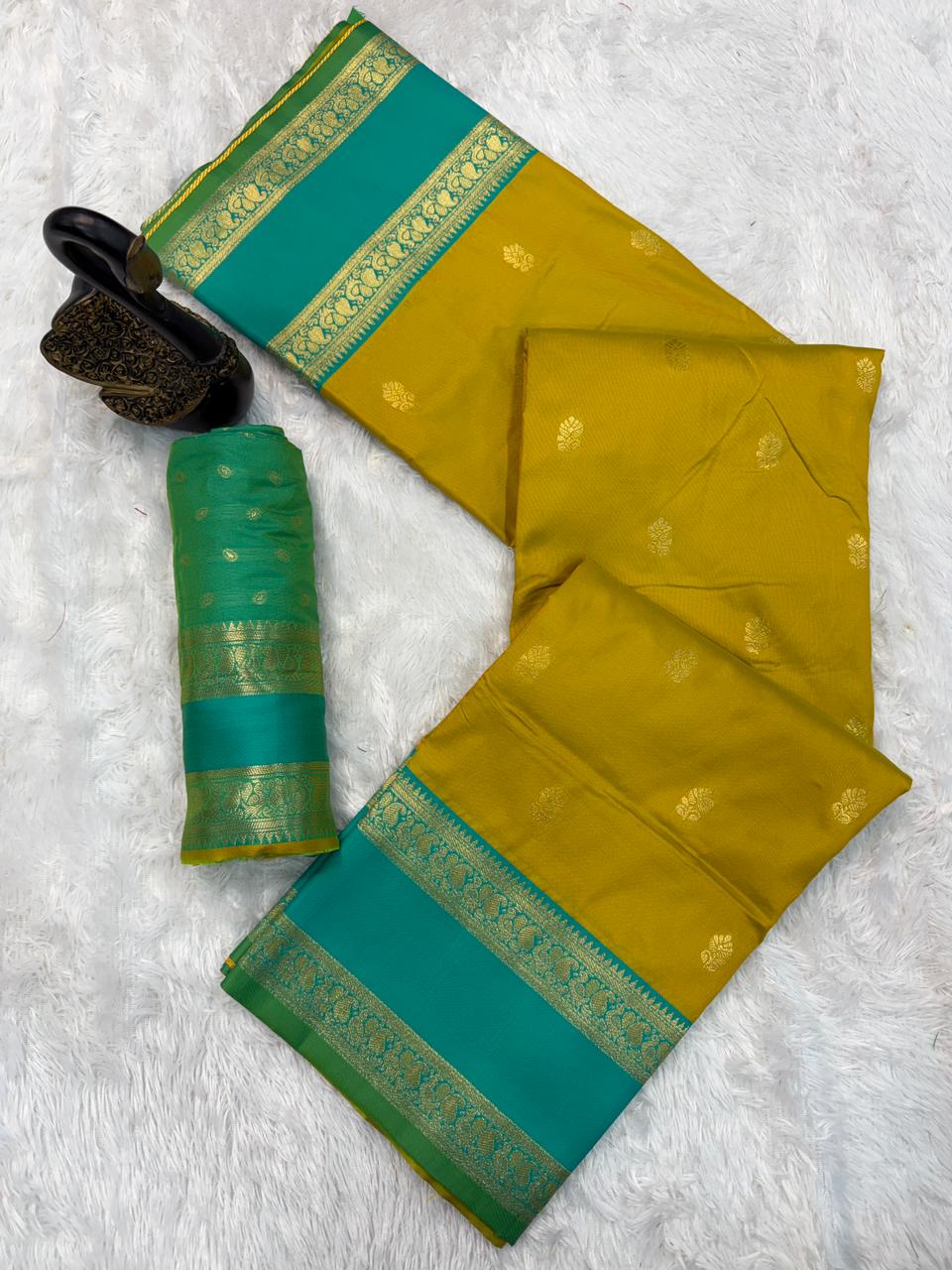 Vestigial Mustard Soft Banarasi Kathpadar Silk Saree With Jubilant Blouse Piece - Image 2