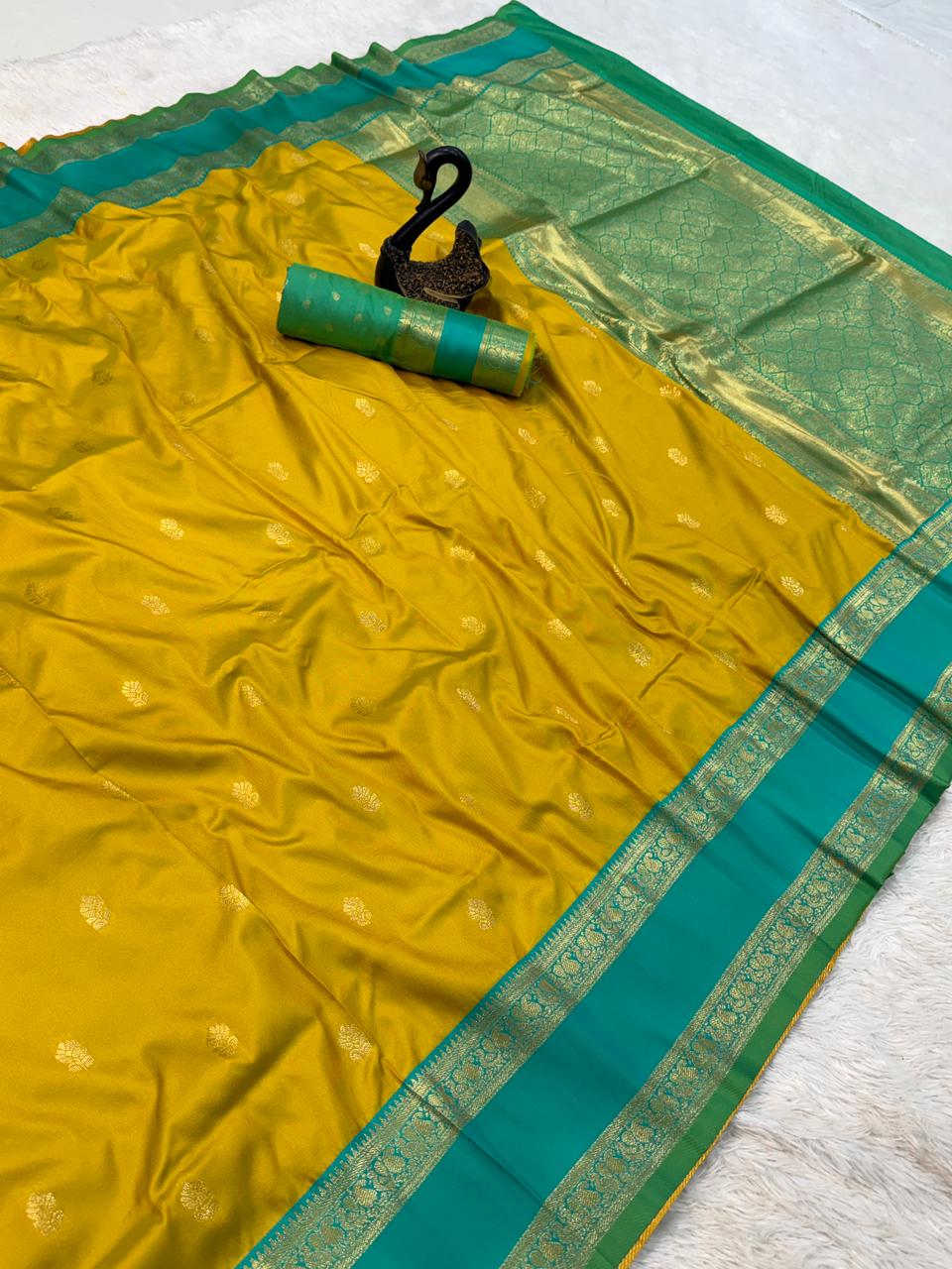 Vestigial Mustard Soft Banarasi Kathpadar Silk Saree With Jubilant Blouse Piece - Image 3
