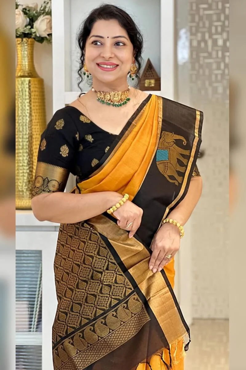 Vestigial Mustard Soft Silk Saree With Adorable Blouse Piece - Image 3