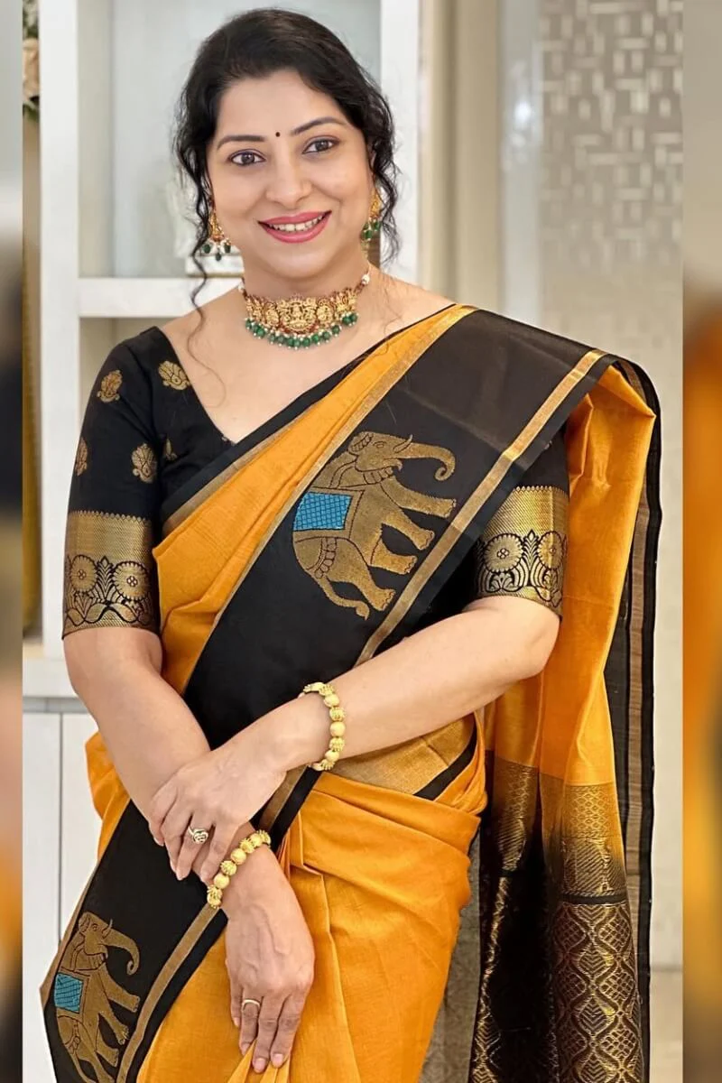 Vestigial Mustard Soft Silk Saree With Adorable Blouse Piece - Image 5