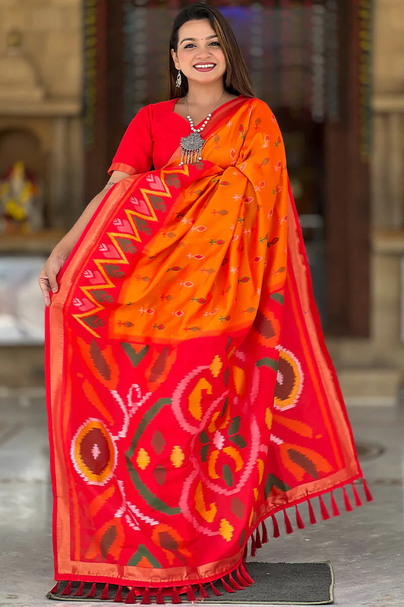Vestigial Orange Soft Banarasi Silk Saree With Hypnotic Blouse Piece - Image 3
