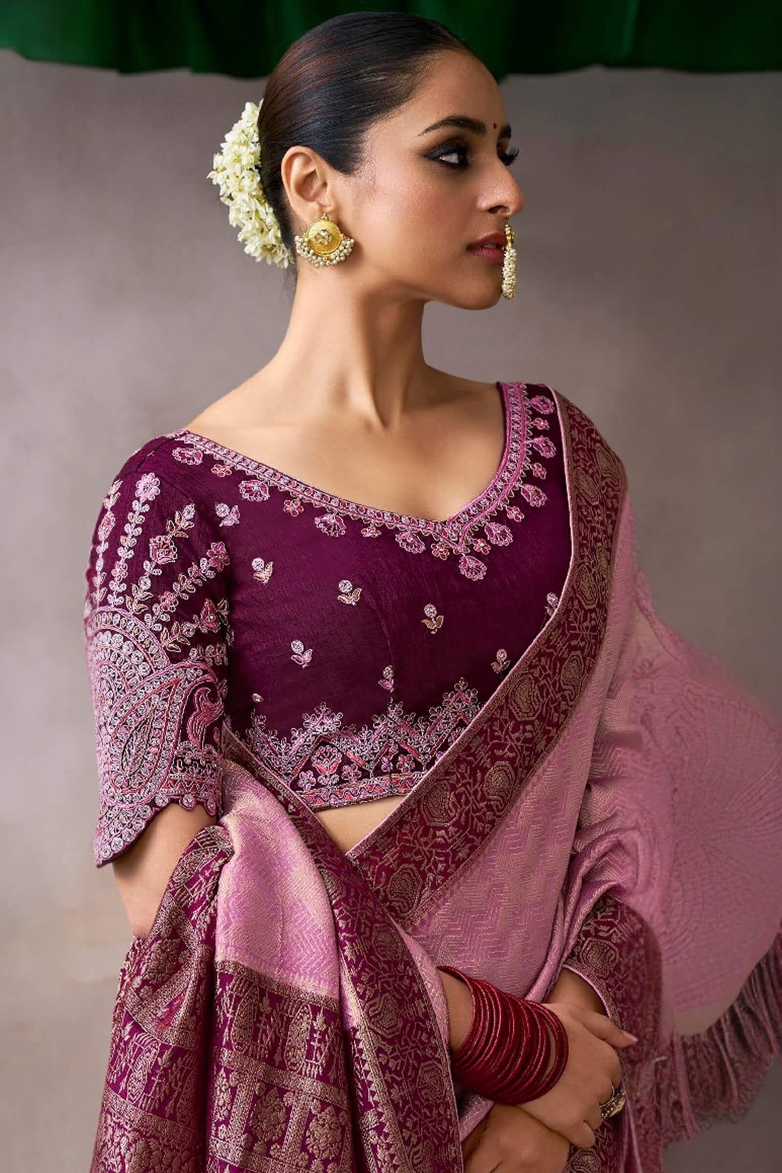 Vestigial Pink Banarasi Satin Silk Saree With Scrumptious Blouse - Image 2