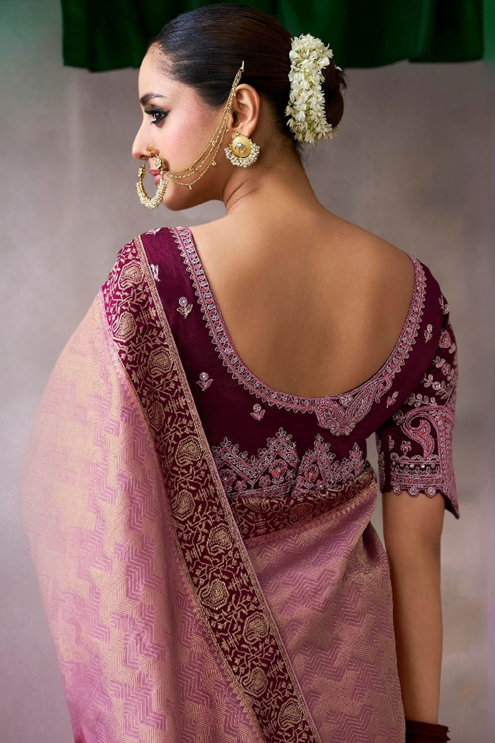 Vestigial Pink Banarasi Satin Silk Saree With Scrumptious Blouse - Image 3