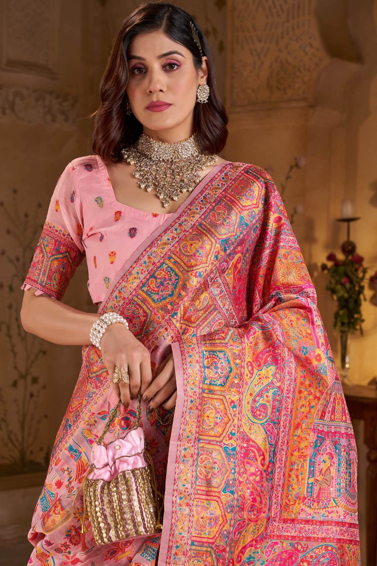 Vestigial Pink Pashmina Saree With Hypnotic Blouse Piece - Image 2