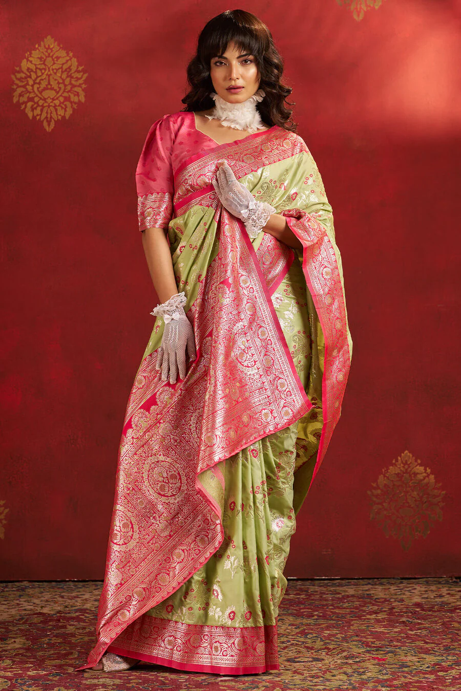 Vestigial Pista Pure Zari Weaving Banarasi Silk Saree With Beauteous Blouse Piece - Image 3