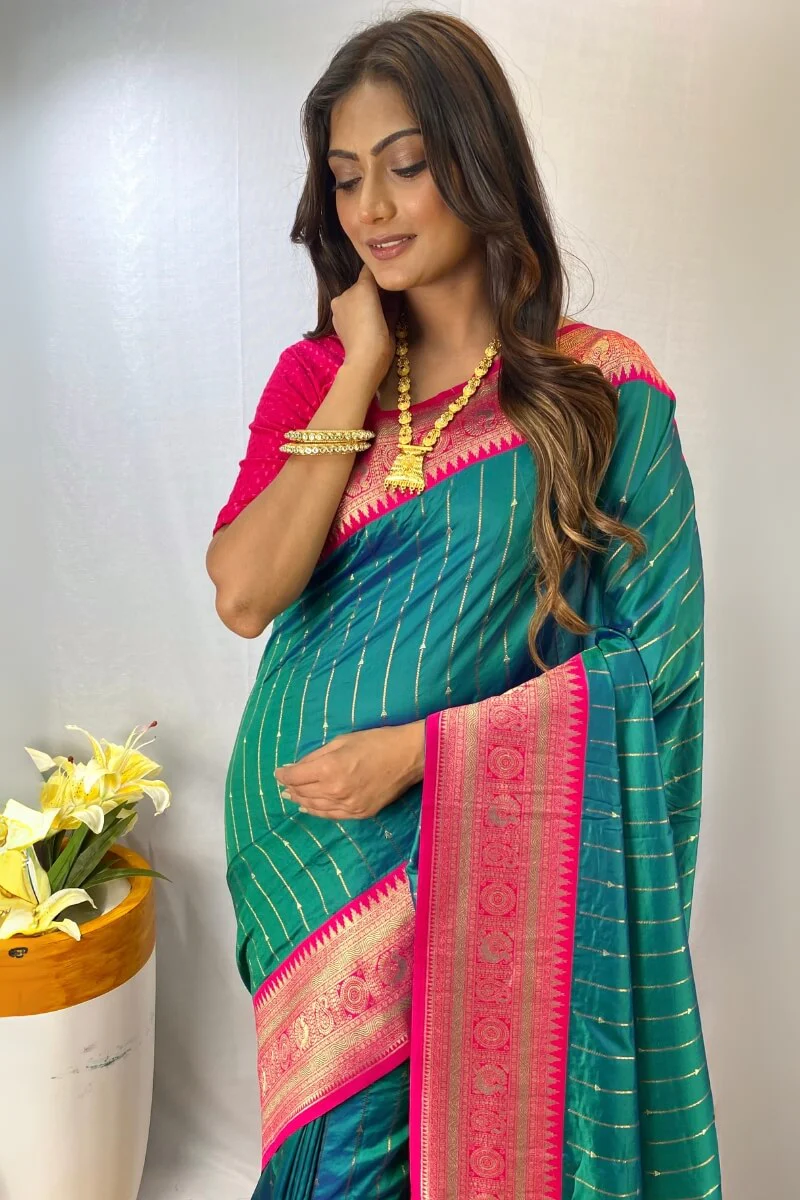 Vestigial Rama Soft Banarasi Silk Saree With Amiable Blouse Piece - Image 2