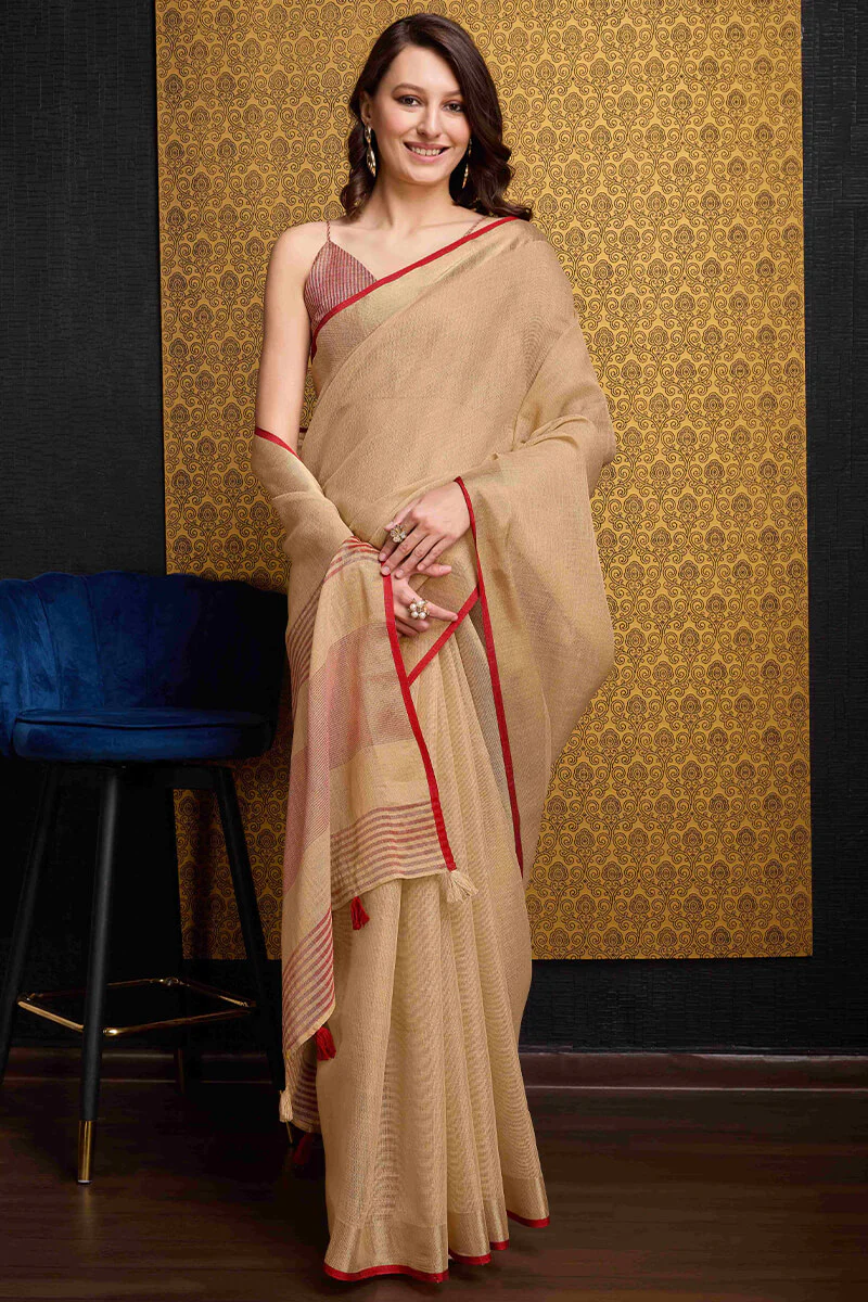 Vibrant Beige Cotton Silk Saree With Majesty Blouse Piece - Image 3