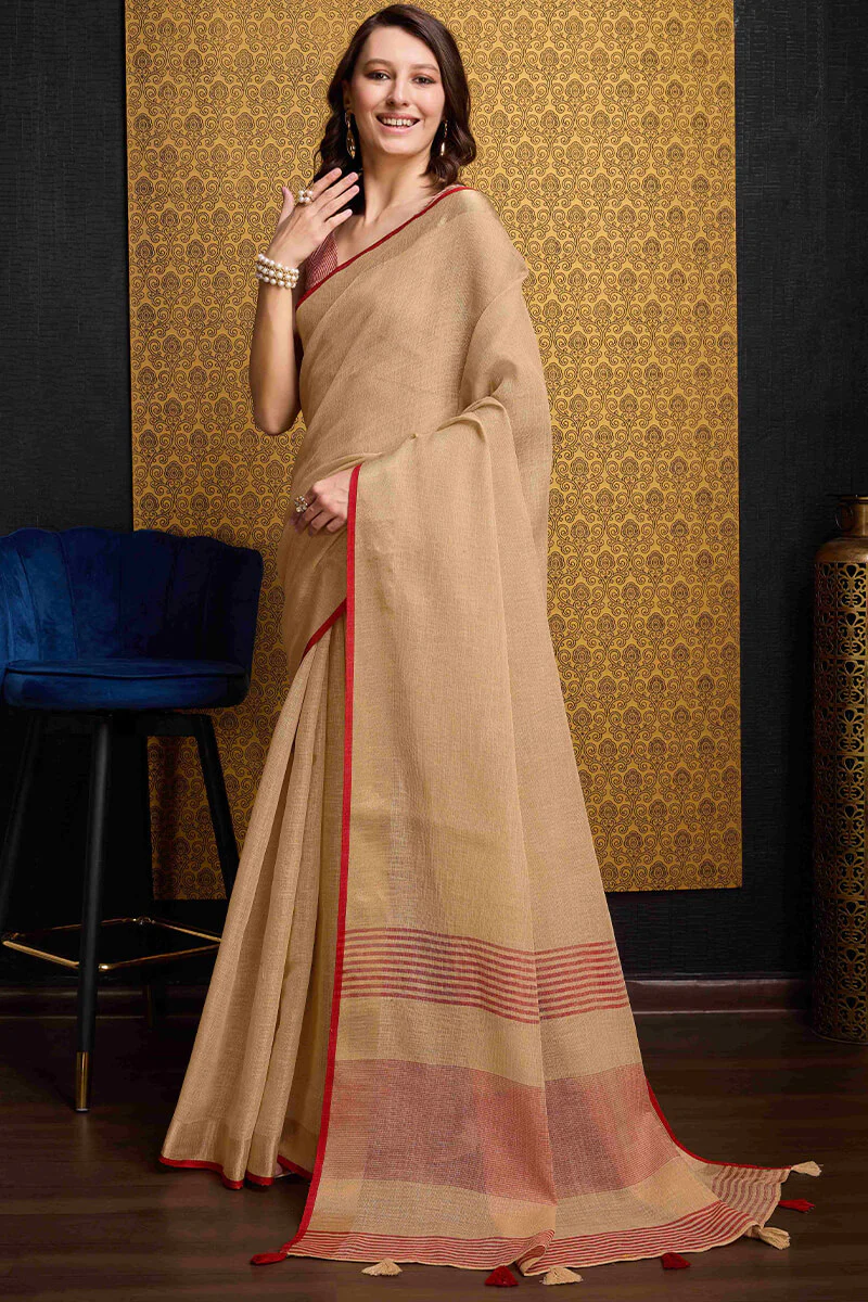 Vibrant Beige Cotton Silk Saree With Majesty Blouse Piece - Image 5