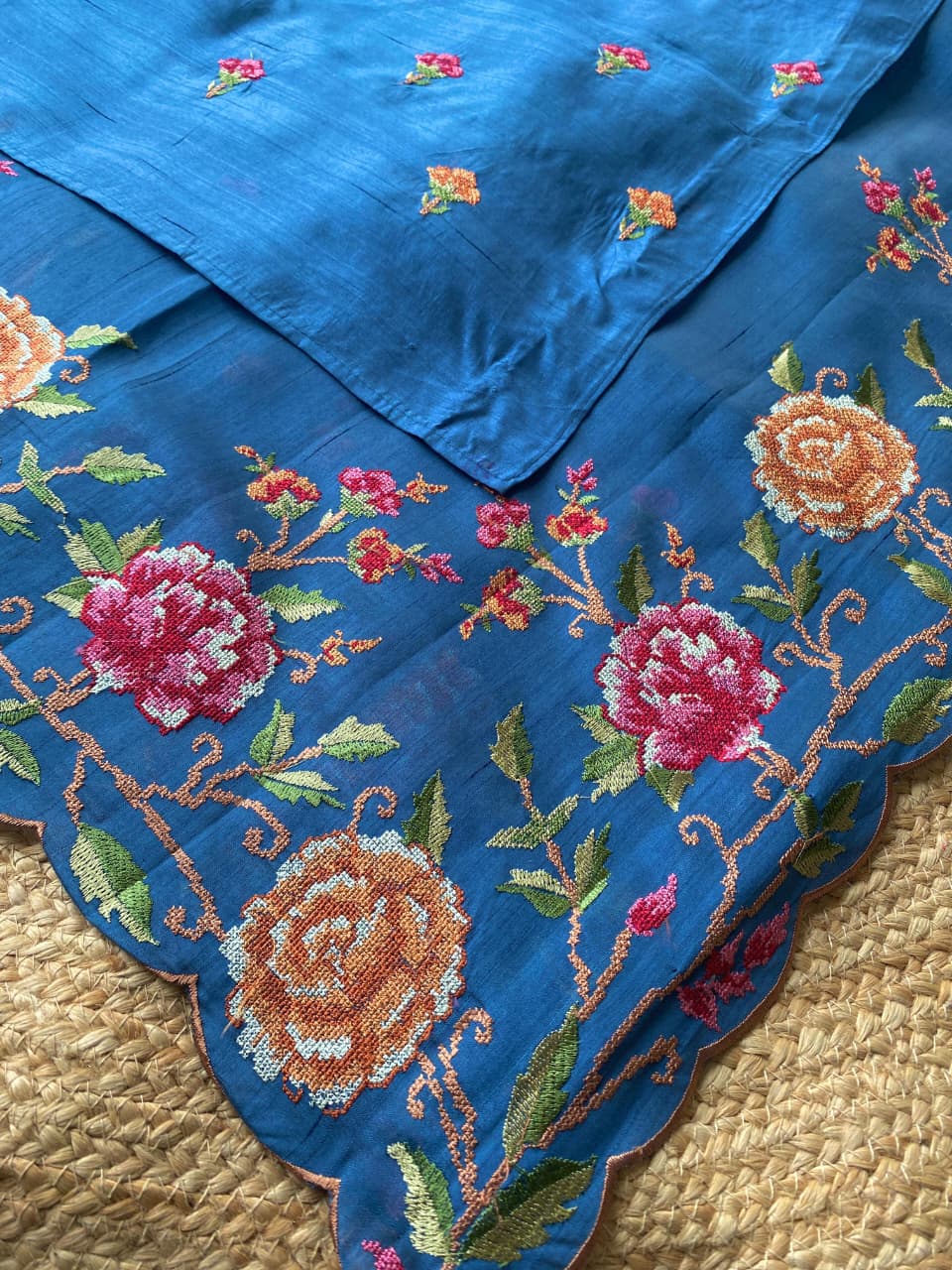 Vibrant Blue Embroidery Work Tussar Silk Saree With Verdant Blouse Piece - Image 2