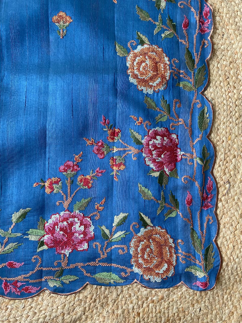 Vibrant Blue Embroidery Work Tussar Silk Saree With Verdant Blouse Piece - Image 3