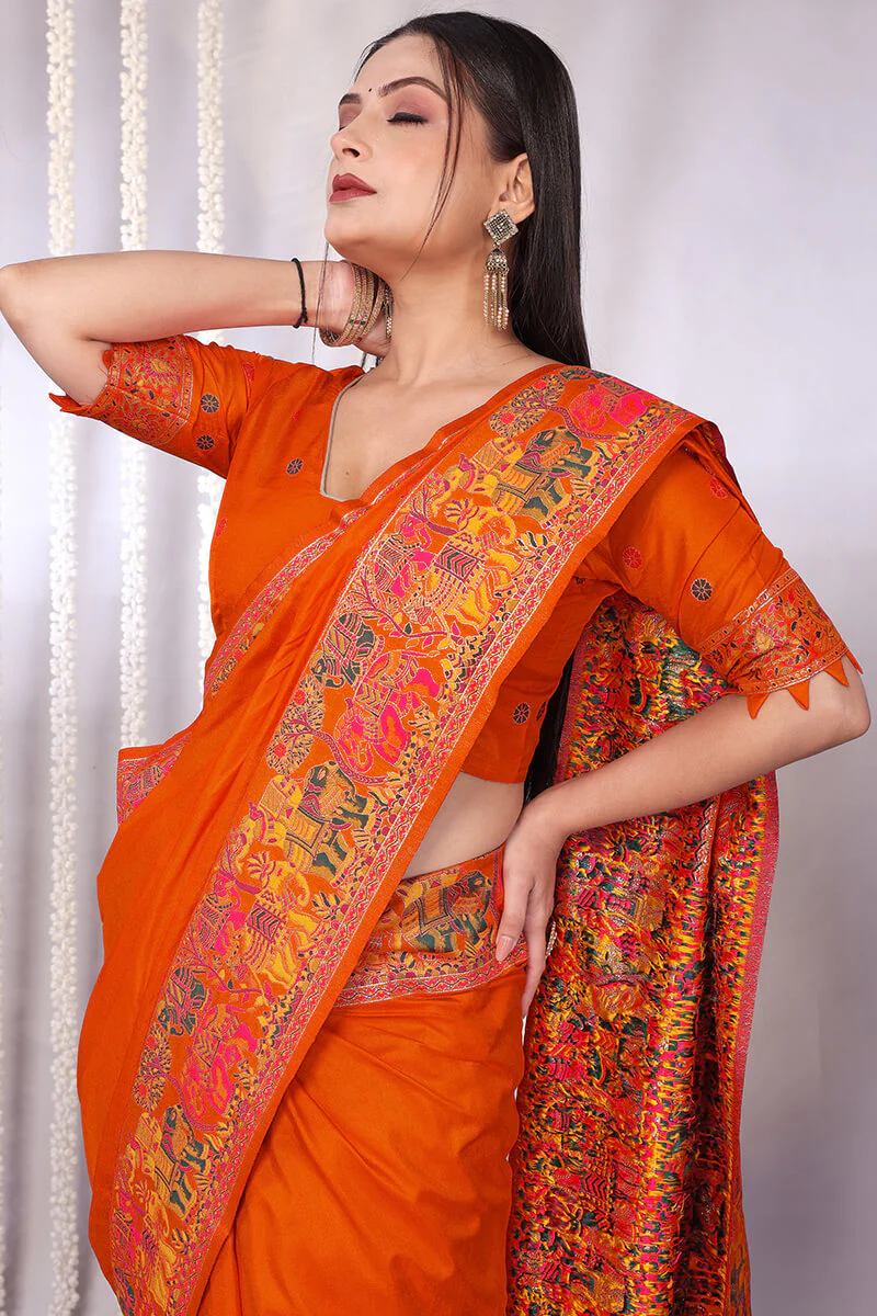 Vibrant Orange Pashmina Saree With Panache Blouse Piece - Image 2