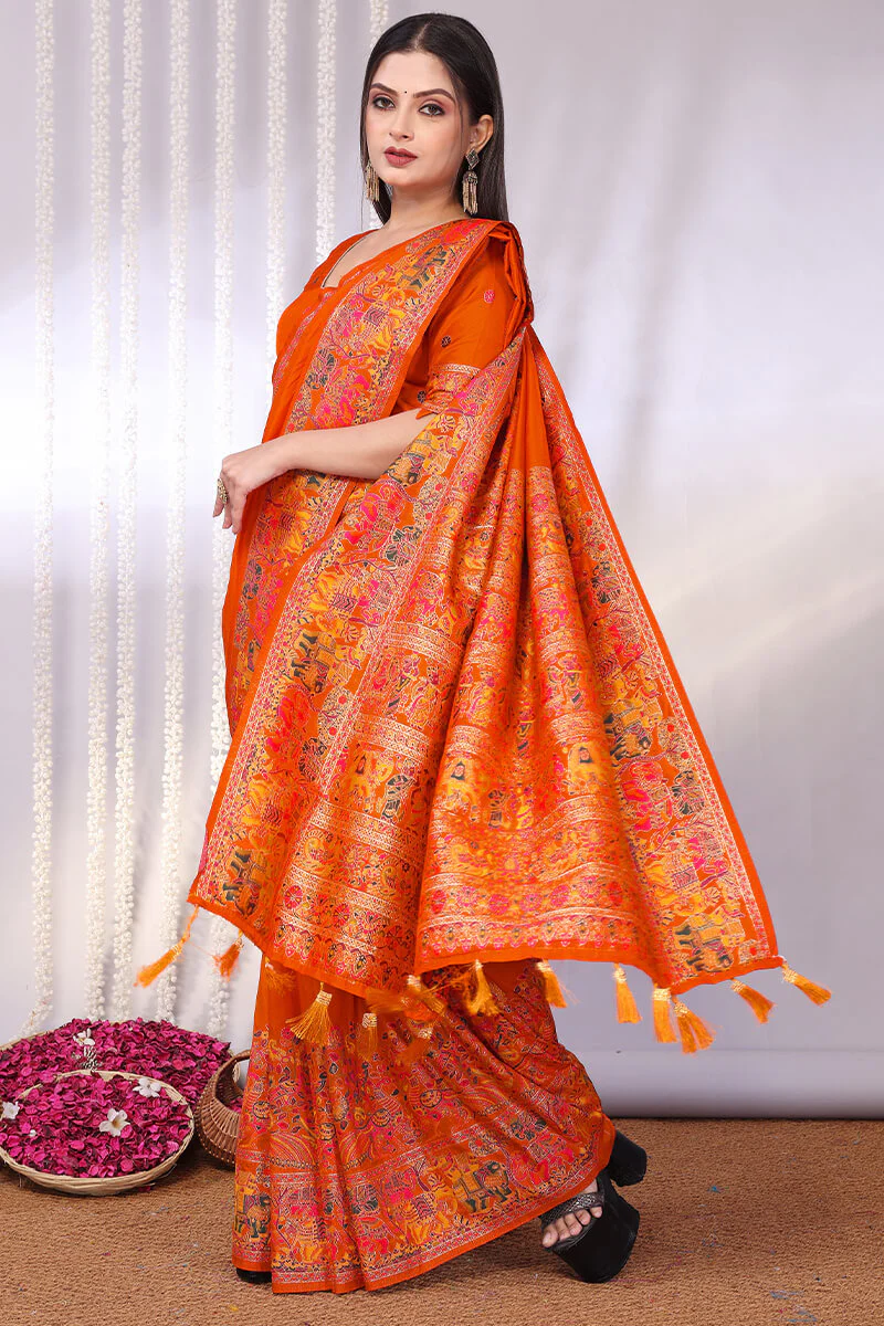 Vibrant Orange Pashmina Saree With Panache Blouse Piece - Image 4